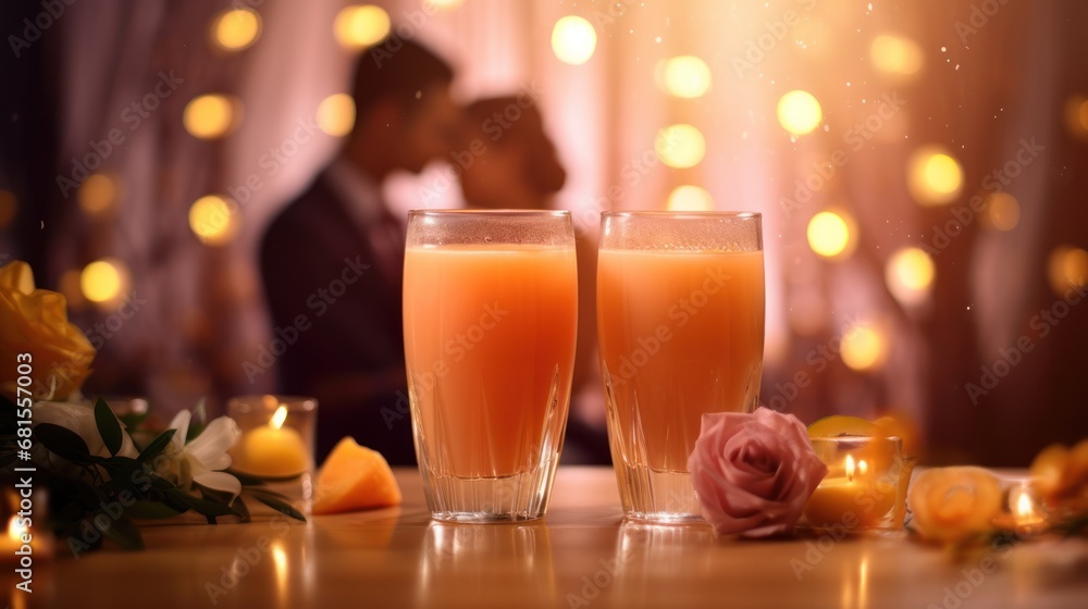 Two glasses of orange juice on the table with a blurred background