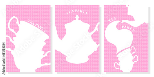 Set of wonderland vector card. Mad tea party. White silhouettes tea cups and teapot on black background	

