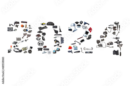 Collage of spare parts with the image of the number twenty twenty three for calendars for the new year. Happy new year 2024.