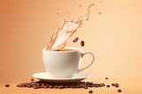 Cup of coffee with splashes and coffee beans flying in the air on light brown background, copy space