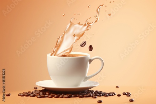 Cup of coffee with splashes and coffee beans flying in the air on light brown background, copy space