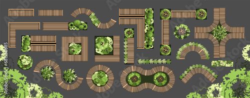 Top view of furniture for the architectural landscape plans. Benches with trees and greens. Entourage design. Various outdoor furniture. Vector illustration.