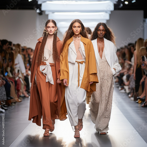 Diverse models on a fashion catwalk.