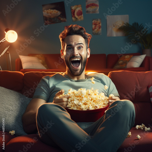 Man watching a movie and eating popcorn.