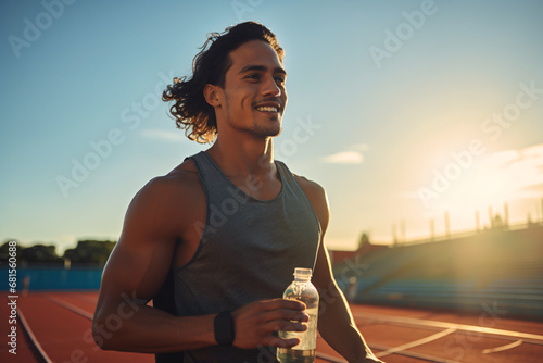 Latino athlete running on track.holding water bottle,sweaty runner.Practice for marathon photo