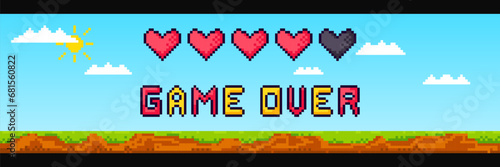 Inscription Game Over on the background of a pixel art game landscape. Pixelated gaming landscape background with sky, clouds, sun, trees.