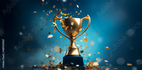 Gold trophy on blue background business and competition concept 