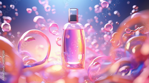 Blank cosmetic shower gel bottle surrounded by flying soap bubbles. 3d render style illustration. Mockup of shower gel or bath foam. Pastel colors. photo