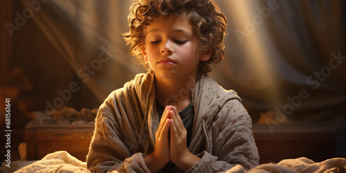 Young boy praying with hands clasped. Concept of Spiritual devotion in youth, cultural spirituality, religious rituals in childhood, diverse religious practices.