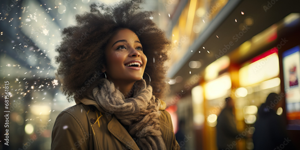 African woman with afro bundled up in snowy weather outside looking at snowflakes. Concept of Embracing winter wonderland, enjoying snowy landscapes, experiencing snowfall.
