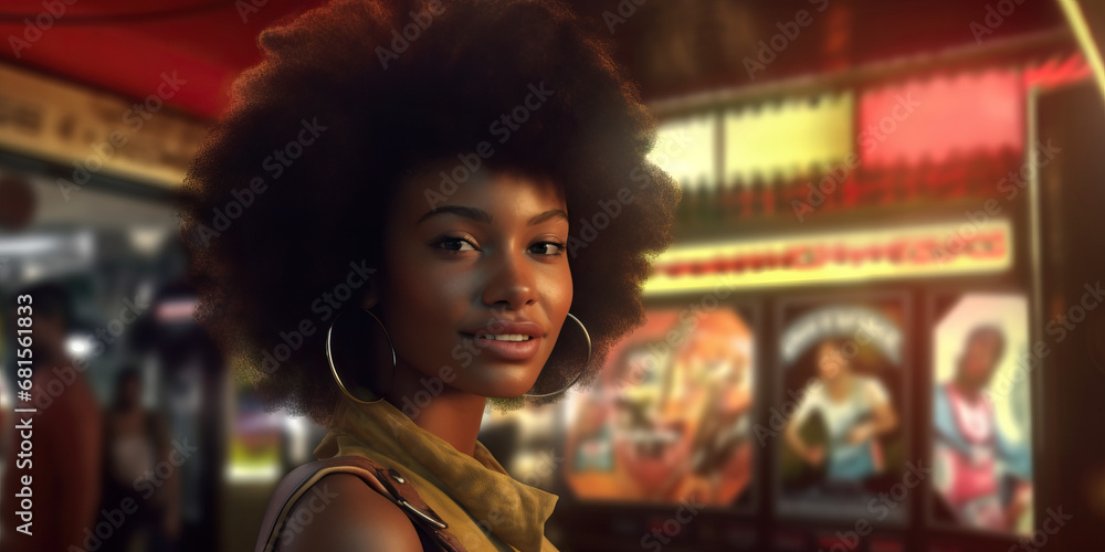 Black woman with afro at the arcade happy. Concept of Joyful arcade experiences, embracing leisure time, carefree gaming moments, celebrating diversity in gaming. Black woman with afro at the arcade happy. Concept of Joyful arcade experiences, embracing leisure time, carefree gaming moments, celebrating diversity in gaming.