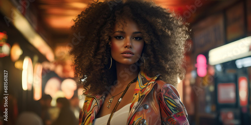 Beautiful African woman with afro and colorful jacket at casino with lights. Concept of Glamorous casino scenes, vibrant casino experiences, diversity in gambling culture, stylish and elegant.