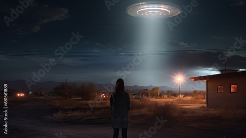 Woman looking up at UFO in night sky mysterious. Concept of UFO sighting in the desert, extraterrestrial encounters, mysterious aerial phenomenon, unidentified flying object, stargazing. photo