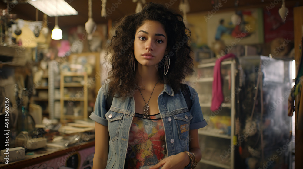 Biracial teen at the thrift store. Jean jacket. Concept of Thrift store fashion, teenage style, shopping for clothes, jean jacket fashion, sustainable fashion choices.
