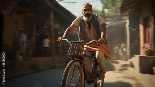 Indian man riding fast on bicycle in city streets. Action shot. Concept of Urban cycling, active transportation, city commuting, cycling enthusiast, fast-paced biking, navigating city traffic. photo