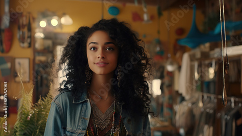 Black adult teen girl in thrift store looking at items with wonder. Concept of Curiosity in shopping, thrift store exploration, fashion discovery, unique finds, browsing with interest.