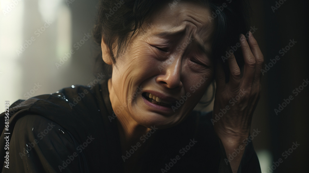 Asian grandmother mourning the loss of family member Crying. Concept of Funeral ceremony, family support, cultural traditions, grieving process, solemn atmosphere, church service, communal mourning. Asian grandmother mourning the loss of family member Crying. Concept of Funeral ceremony, family support, cultural traditions, grieving process, solemn atmosphere, church service, communal mourning.