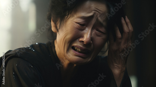 Asian grandmother mourning the loss of family member Crying. Concept of Funeral ceremony, family support, cultural traditions, grieving process, solemn atmosphere, church service, communal mourning.