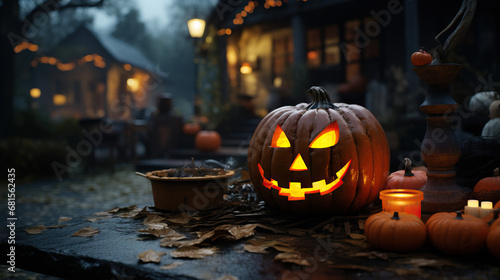 Halloween pumpkin on the street night time. Concept of Halloween decoration, festive ambiance, night scene, spooky pumpkin, seasonal decor, illuminated pumpkin, eerie atmosphere.