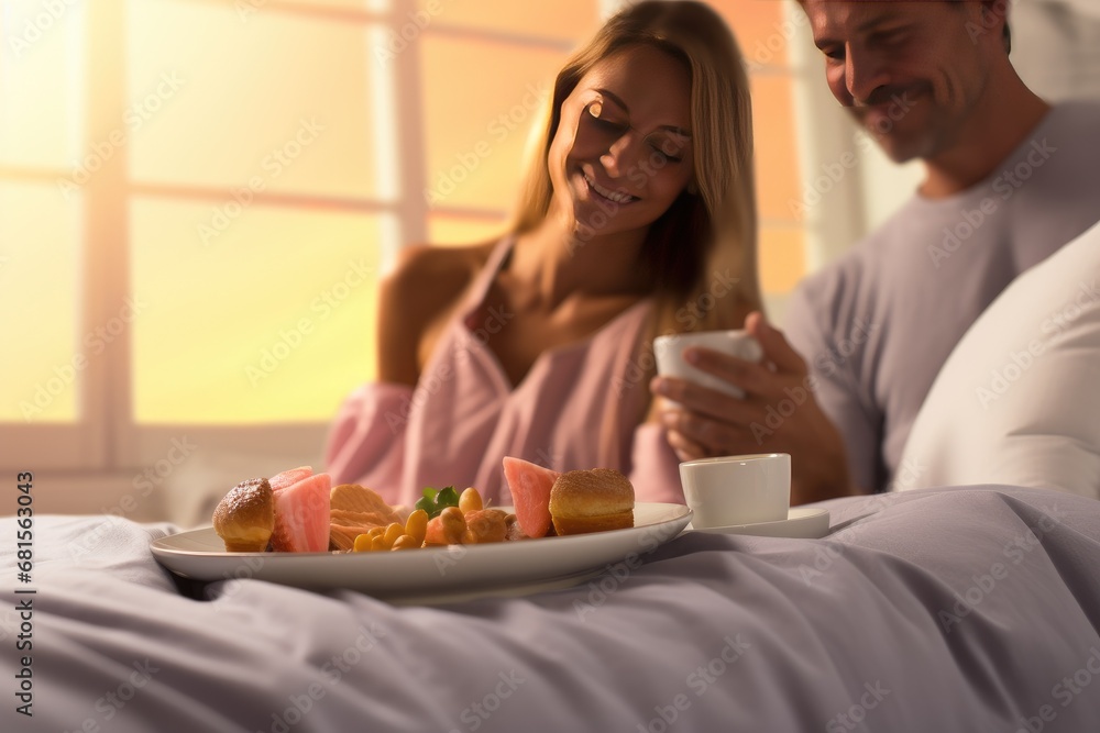 A husband in love brings his wife breakfast