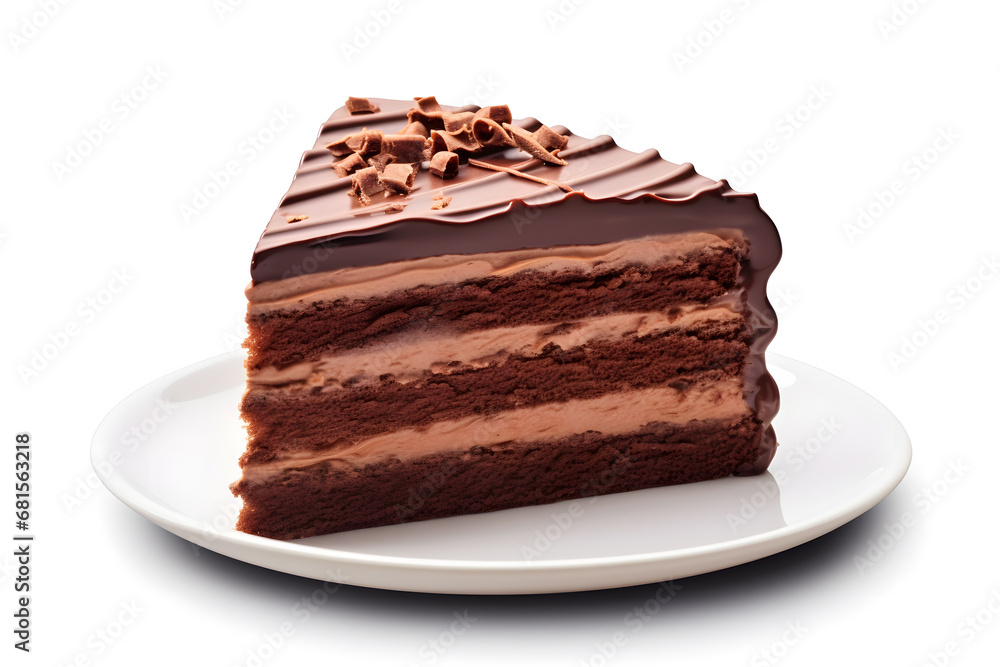 Slice of chocolate cake with raspberries isolated on white background Slice of chocolate cake with raspberries isolated on white background