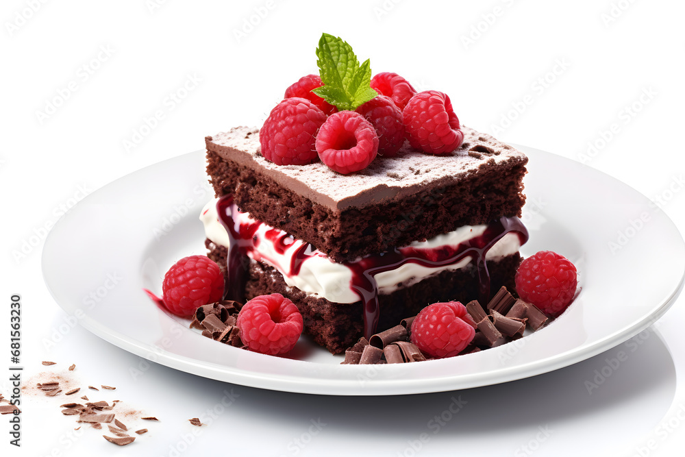 Slice of chocolate cake with raspberries isolated on white background 