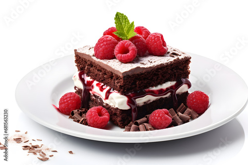 Slice of chocolate cake with raspberries isolated on white background 