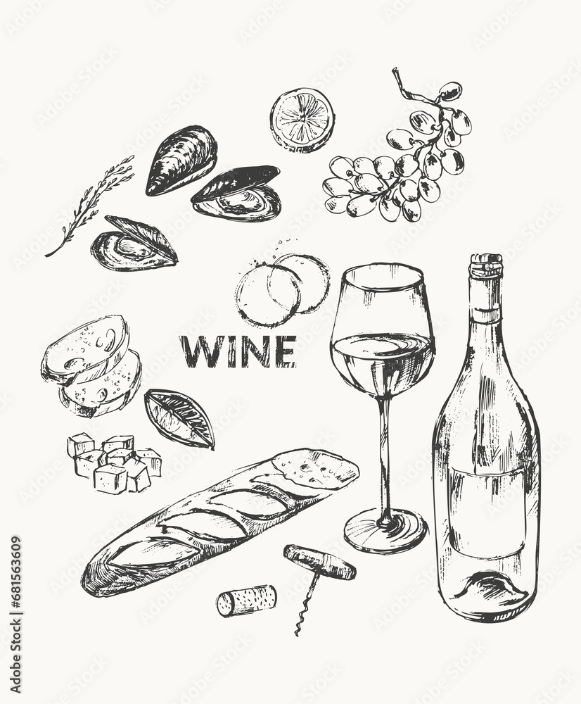 Hand drawn wine illustration set.