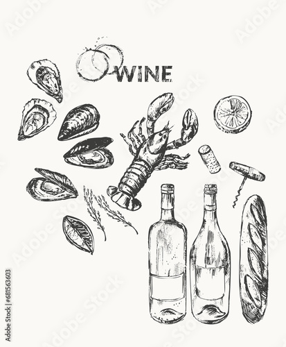 Hand drawn wine illustration set.