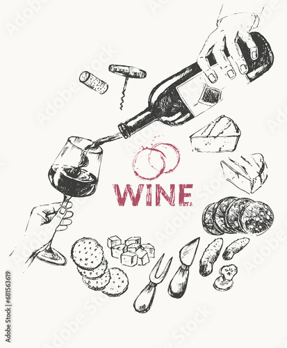 Hand drawn wine illustration set.