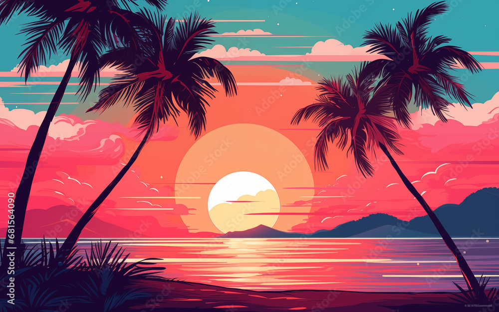 Classic retro style tropical sunset with palm, beach sunset