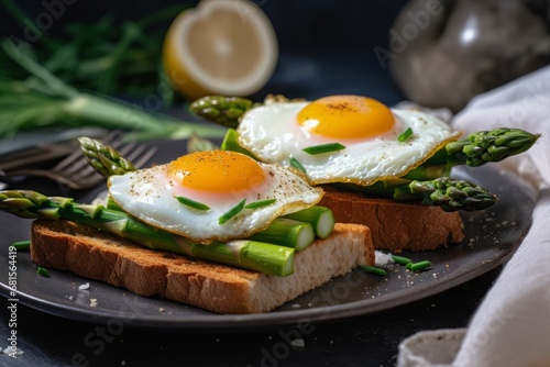 Fried eggs and asparagus open toasts, closeup. Generative AI