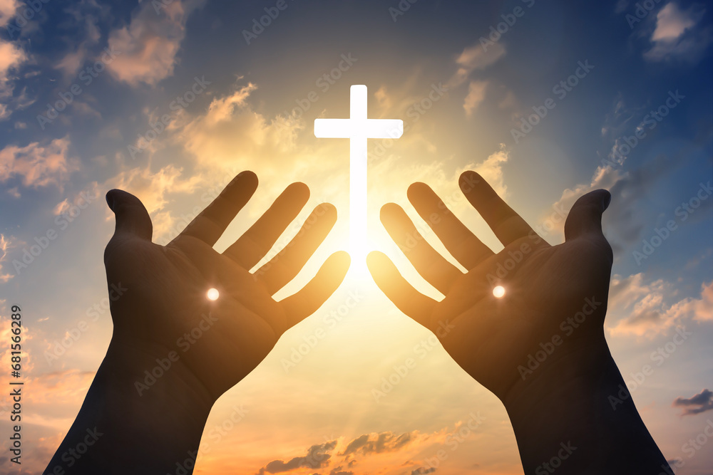 Silhouette scars in hands of Jesus Christ on sunrise background - obrazy, fototapety, plakaty 