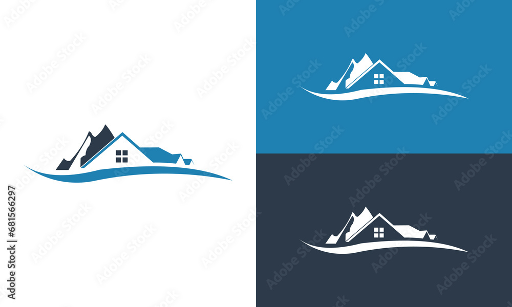 house and mountains logo collection with white, blue and gray background logo design vector house and mountains logo collection with white, blue and gray background logo design vector