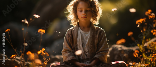 Kontemplative Ruhe: Kind meditiert auf einer grünen Wiese photo