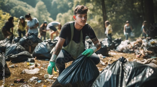 Volunteer picking up garbage in the forest, environmental pollution concept