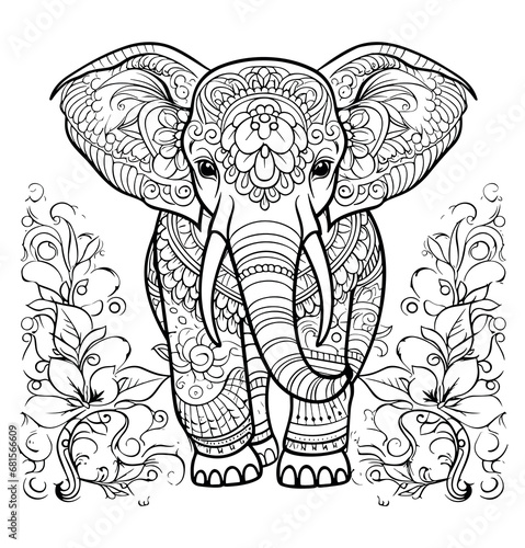 Eephant with flowers coloring - Mandala art coloring book