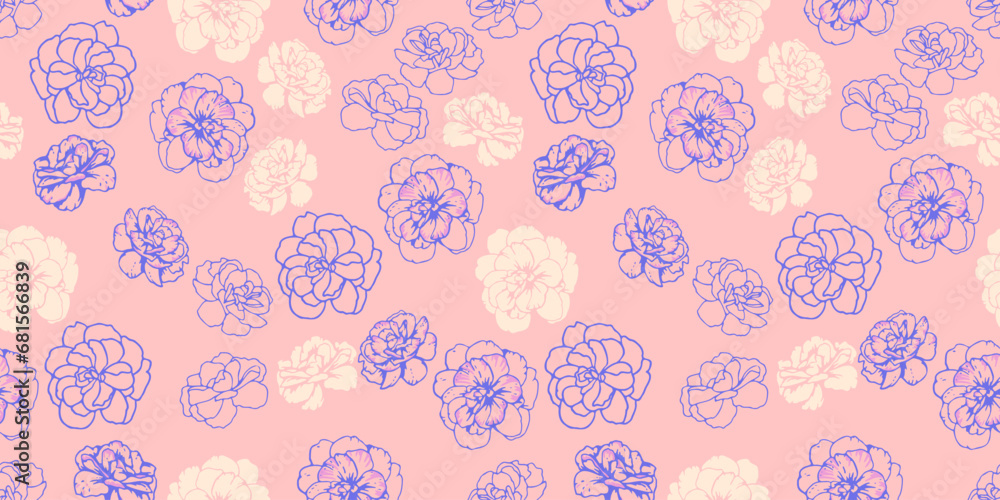 Creative, stylized, simple flowers buttercups, pansies seamless pattern on a light background. Vector hand drawn sketch. Abstract shape, lines, and silhouettes floral. Design for fabric, fashion