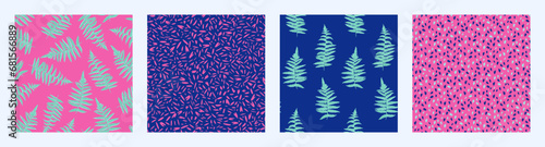 Collage of seamless patterns with creative leaves branches fern, abstract texture drops, spots, dot. Vector hand drawn sketch. Design for fabric, fashion, textile