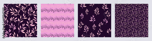 Collage of seamless patterns with creative tiny branches leaves, sketch dots, rhombus, textured. Vector hand drawn sketch. Abstract elegant bright pink leaf set print. Design for fabric, fashion