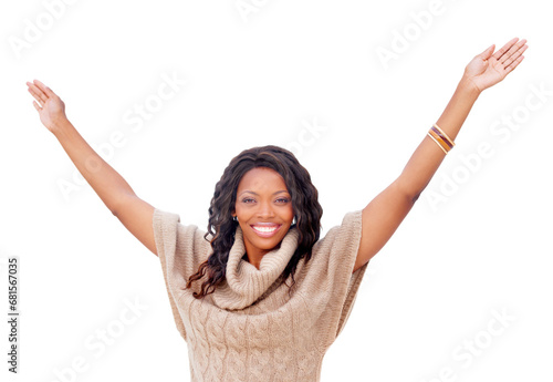 Black woman, happy and arms stretching in studio portrait with success, celebration or goal by white background. African girl, smile and winner with cheers for fashion, achievement and hands in air photo
