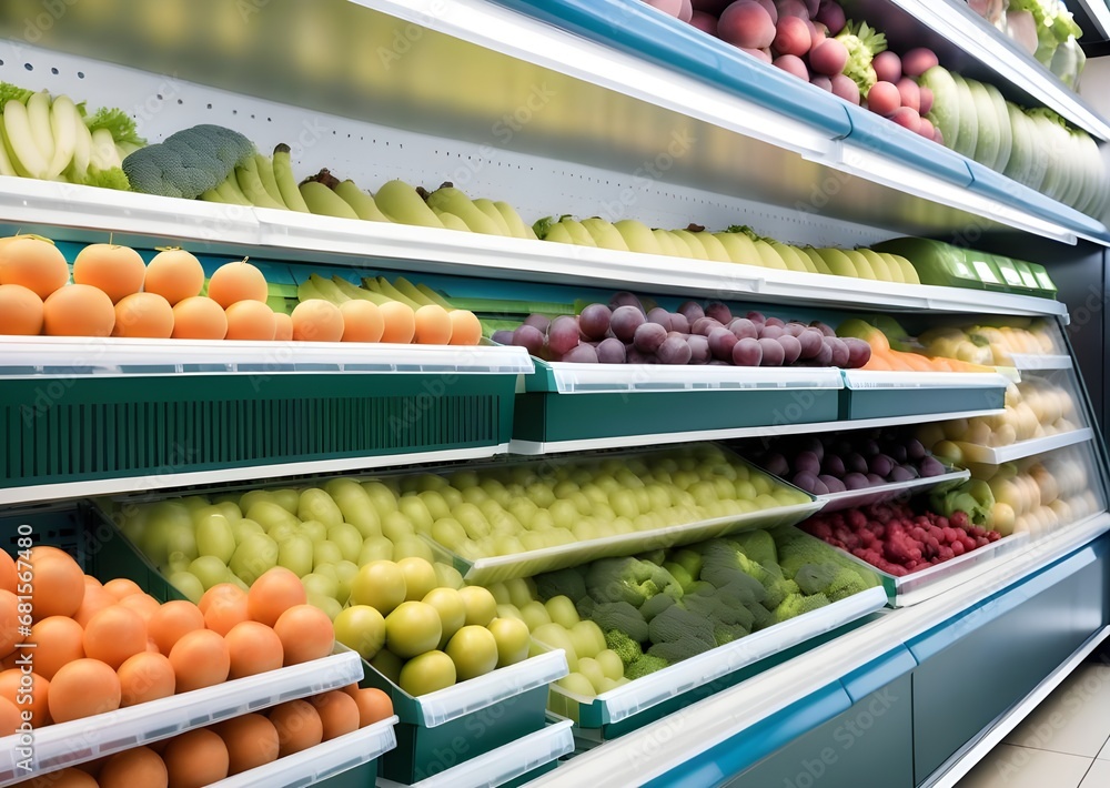 Fresh fruits and vegetables displayed in grocery supermarket