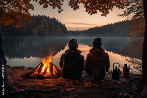 Photo from behind of a couple sitting by a cozy campfire. Generative AI