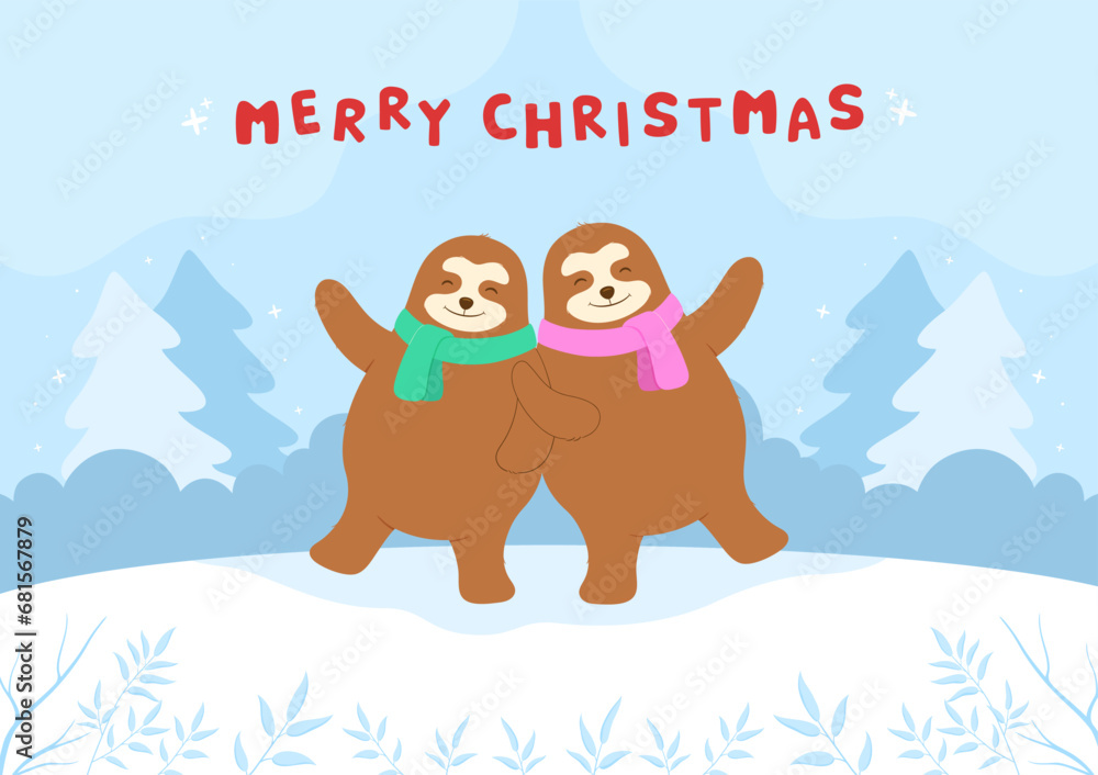 Christmas card with sloth couple, Merry Christmas and New Year Christmas card with sloth couple, Merry Christmas and New Year