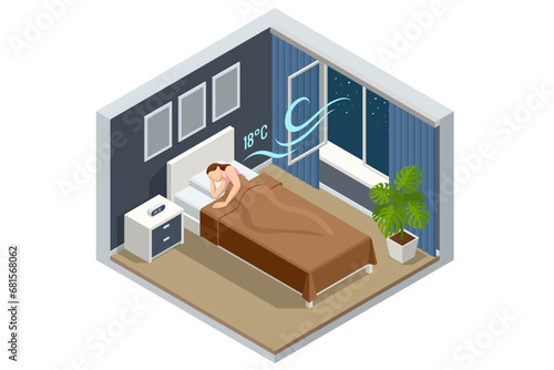 Isometric woman sleeping in bed at night. Tiredness and exhaustion concept.