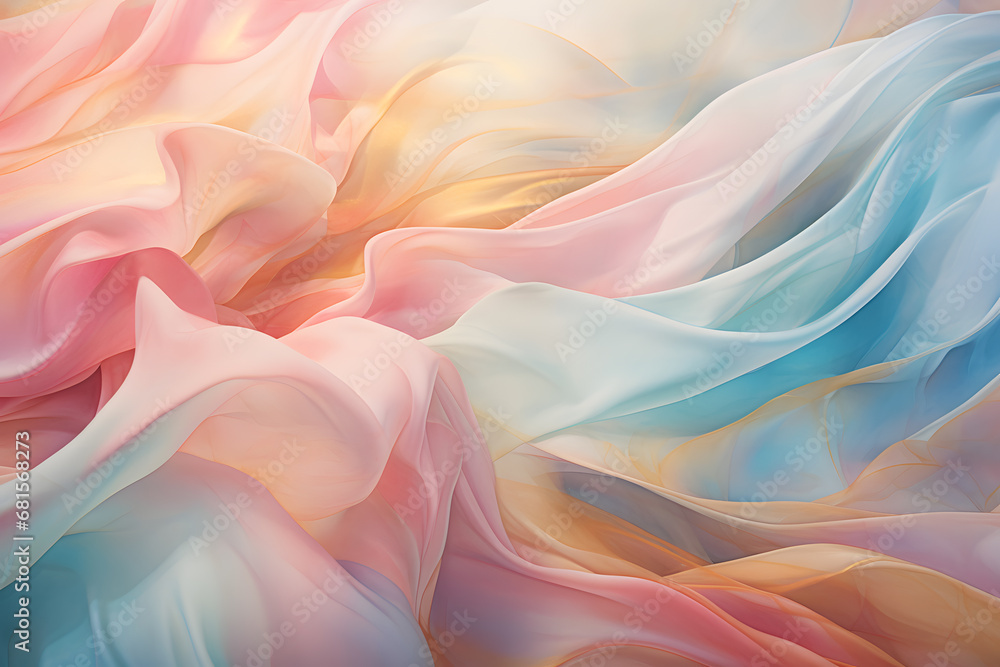 Obraz premium Abstract pink, yellow and blue floating fabric wave design wallpaper