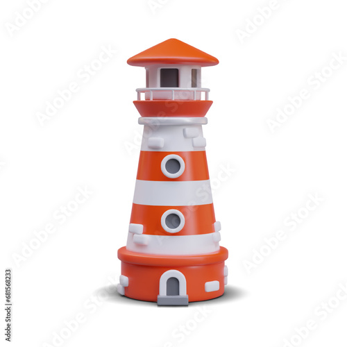 Lighthouse on white background. Light as guide to ship. Building in red and white colors with shadow, shining at night. Vector illustration in 3d style