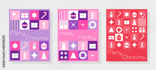 Three Chrismas cards set. Cute modern Christmas mosaic design.