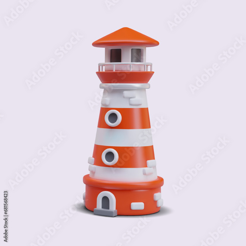 Realistic cartoon lighthouse on pink background. Light as guide to the sea. Surveillance building in red and white colors. Vector illustration in 3d style