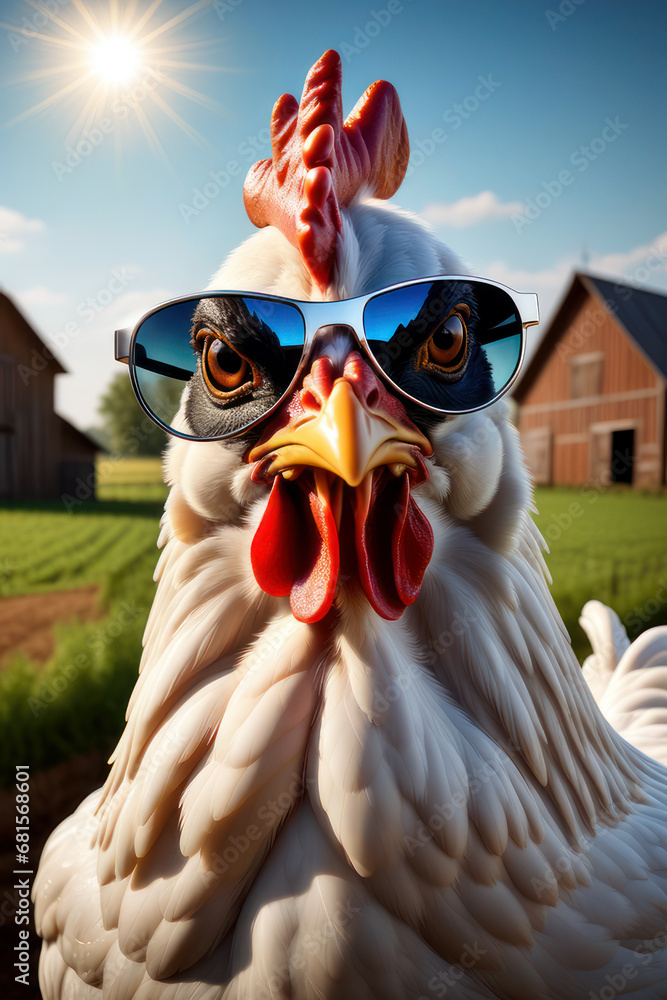 chicken with sunglasses, generated by artificial intelligence